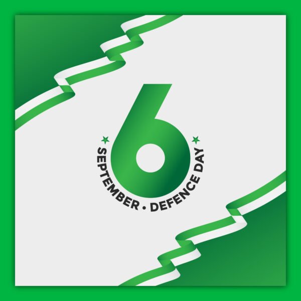 Pakistan Defence Day 6 September 1965 graphic design with fighter jet silhouette and patriotic Pakistan crescent and star